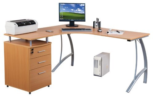 Computer-Eck-Schreibtisch Castor buche Silber mit...